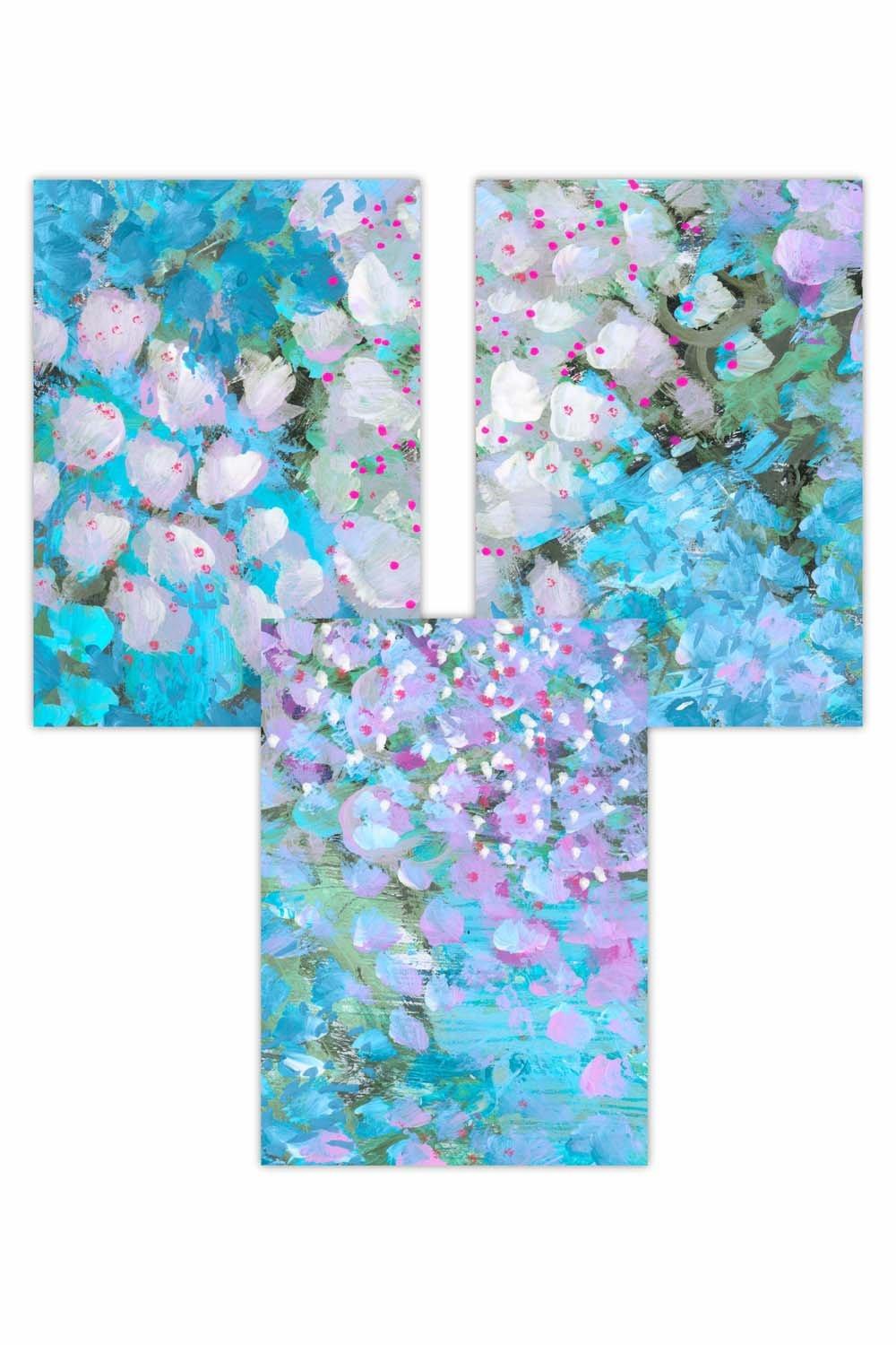 Set of 3 Abstract Cottage Garden Flowers in Blue Art Posters